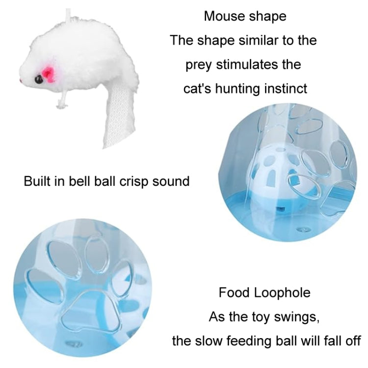 Cat self-feeding tumbler toy diagram: white mouse shape, bell ball sound, food loophole
