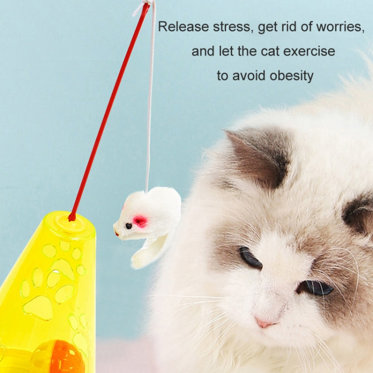 Yellow cat self-feeding tumbler toy with white mouse lure on red cord