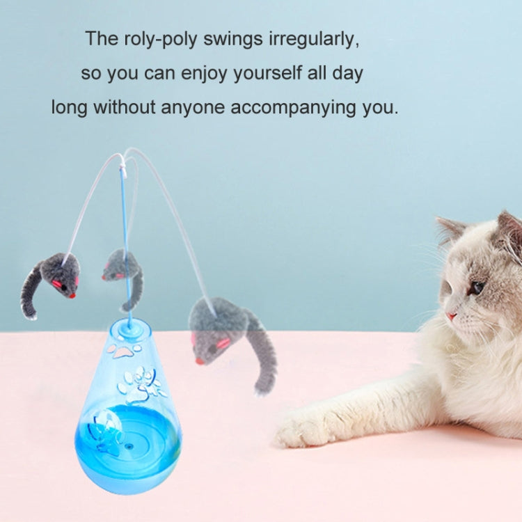 Blue cat self-feeding tumbler toy with hanging gray mouse lures and loop cord