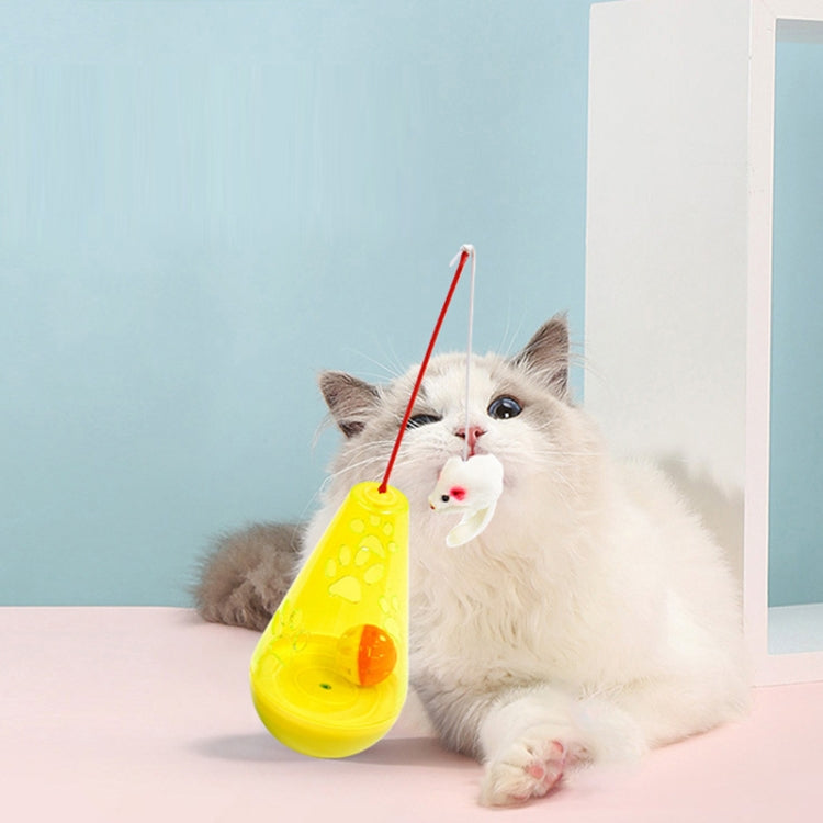 Yellow cat self-feeding tumbler toy with hanging white mouse lure used with cat