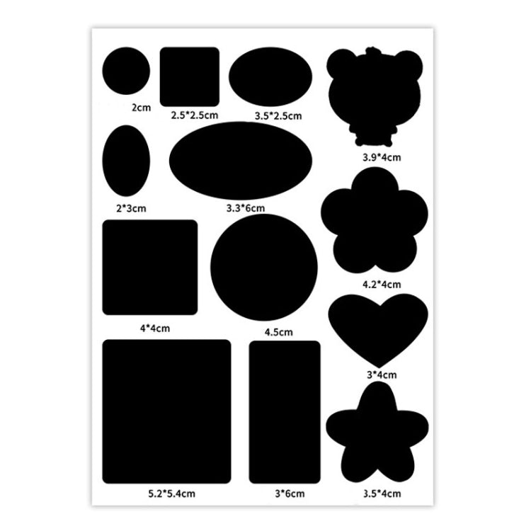 Self-adhesive fabric repair patch sticker sheet with size labels, black shapes