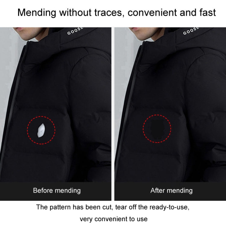 Black down jacket with self-adhesive fabric repair patch on sleeve
