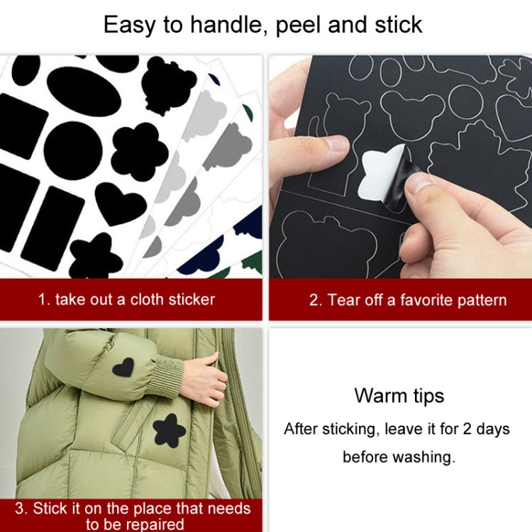 Peel-and-stick fabric repair patch sticker set with assorted black shapes