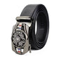Men's automatic buckle belt with black strap and silver ornate buckle detail