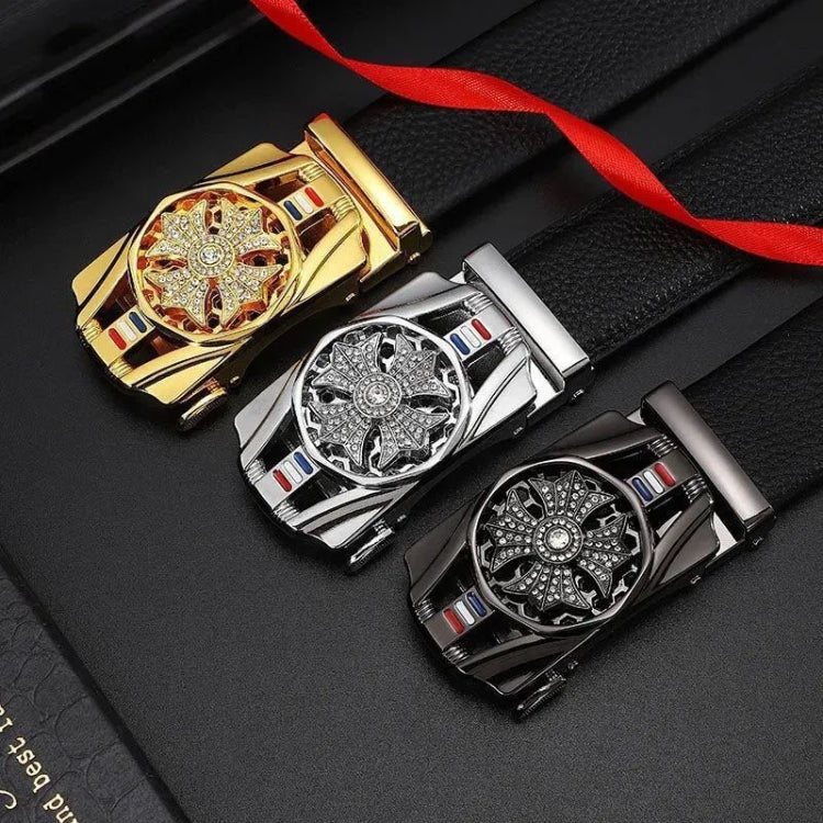 Men's decorative buckle belt set with black straps and gold, silver, and dark buckles