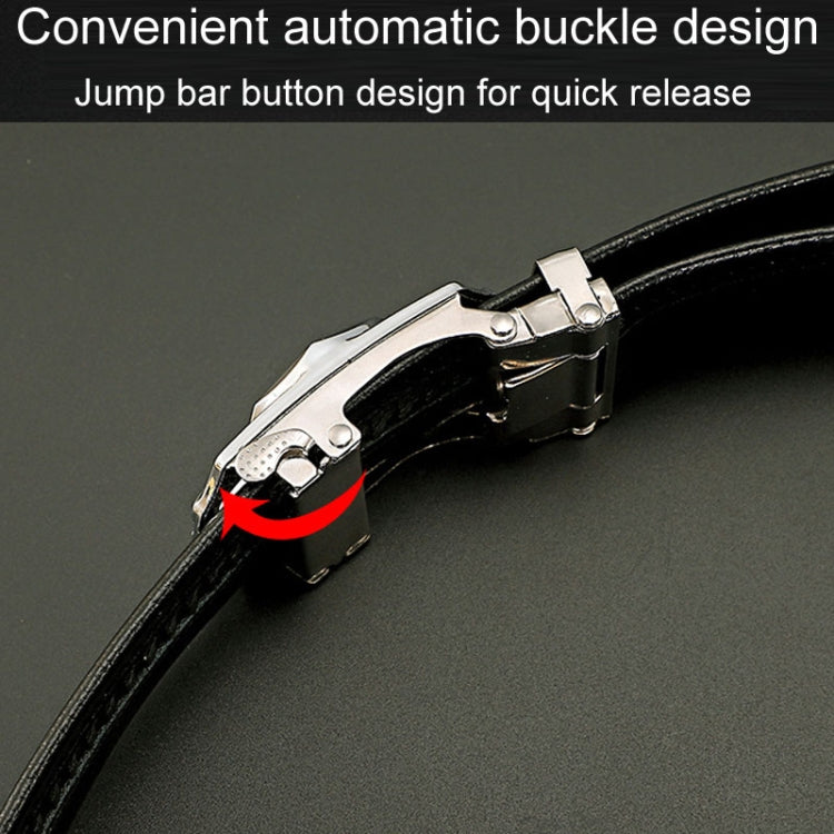 Men's black automatic buckle belt with quick-release jump bar mechanism close-up