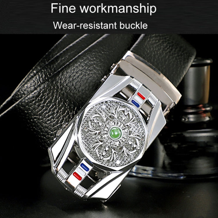 Men's black belt with silver ornate buckle and round green center accent