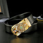 Men's black belt with gold ornate buckle and green center accent