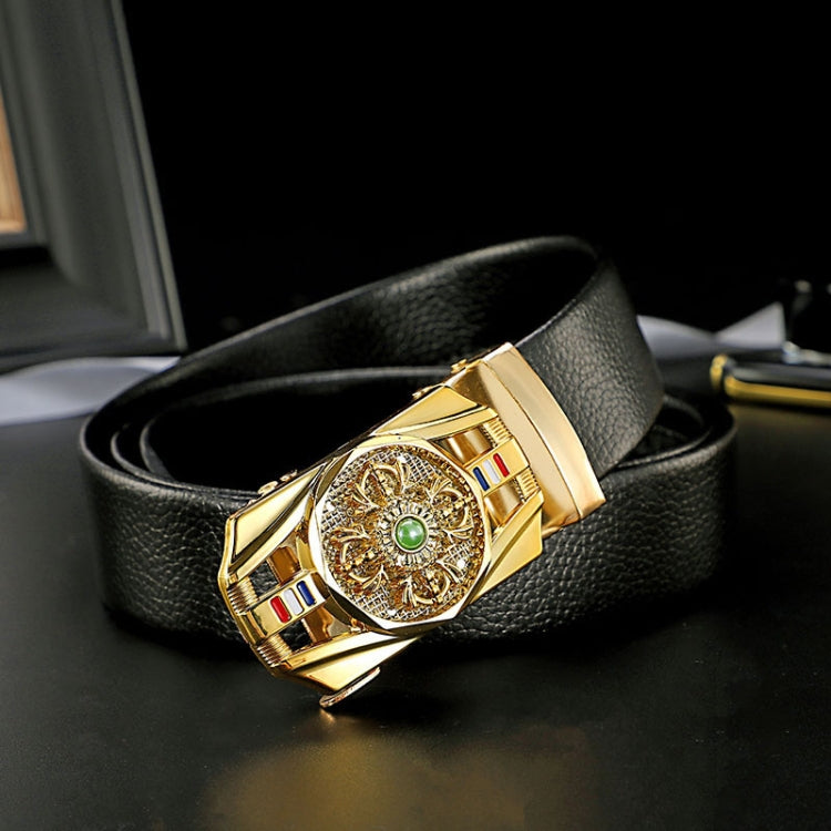 Men's black belt with gold ornate buckle and green center accent