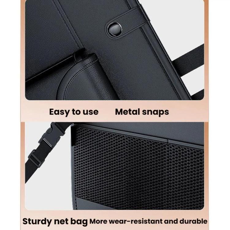 Black seat back storage pouch close-up with metal snaps and mesh net pocket