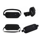 Black waist pack with front zipper pouch and adjustable strap, shown from multiple angles.