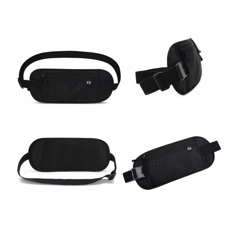 Black waist pack with front zipper pouch and adjustable strap, shown from multiple angles.