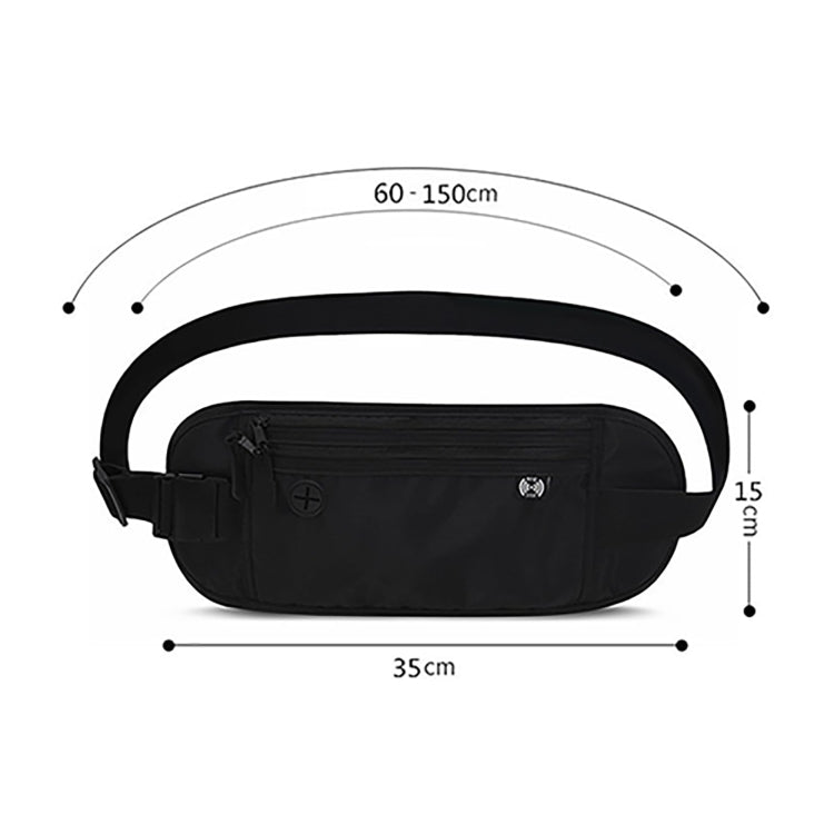 Black passport waist pack with adjustable belt; 35 cm width and 15 cm height shown.