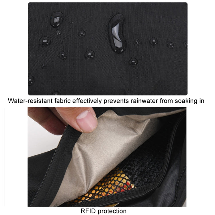 Black water-resistant fabric waist pack with internal compartment, close-up on material texture.