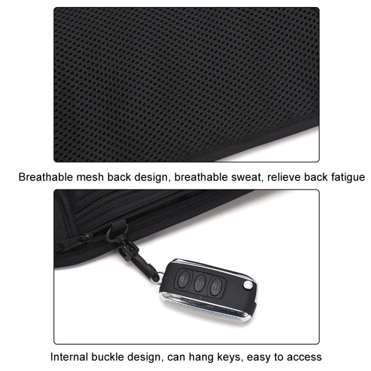 Black waist pack with breathable mesh back panel and front zipper pocket detail.