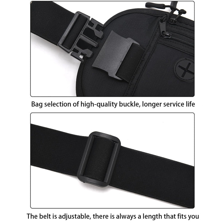 Black waist pack with sturdy buckle closure and adjustable belt strap close-up.