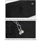 Black waist pack with front zipper and headphone cord accessory detail.