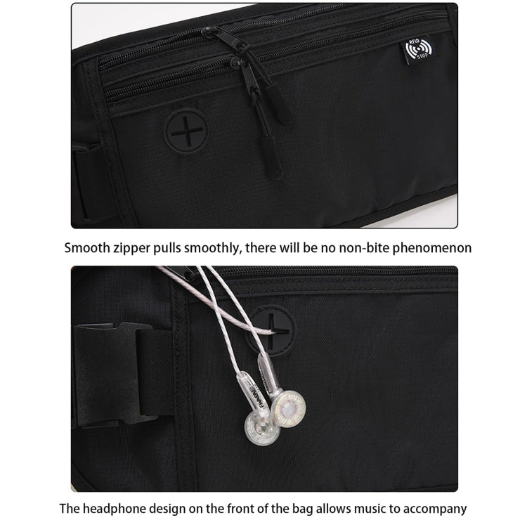 Black waist pack with front zipper and headphone cord accessory detail.