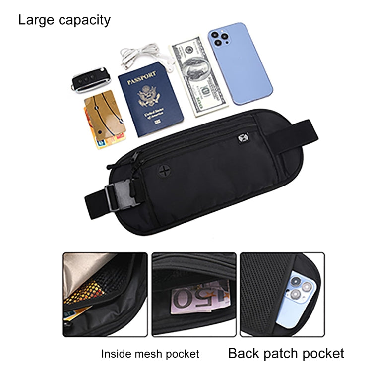 Black travel waist pack with large capacity pockets for passport, cards, and smartphone.