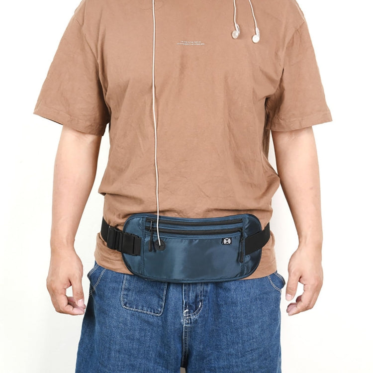 Dark blue waterproof waist pack with zip closure, worn at the waist with adjustable strap