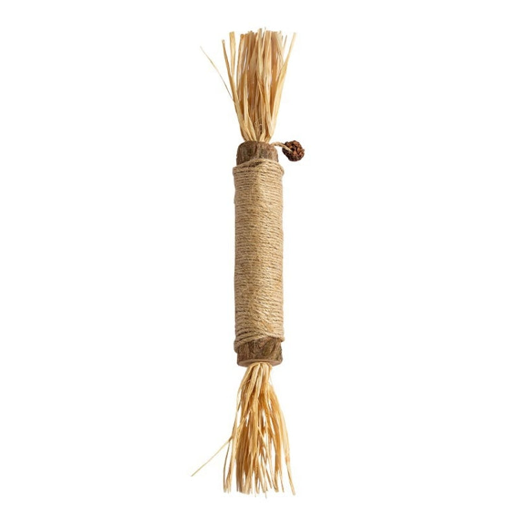 Silvervine cat dental toy stick with sisal wrap and raffia tassels, small brown seed end