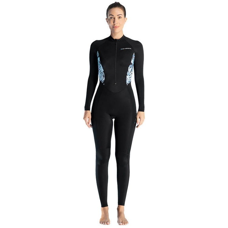 Ladies black long-sleeve wetsuit with front zipper and patterned side/sleeve panels