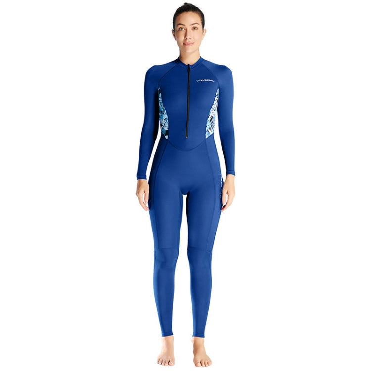 Ladies blue wetsuit with long sleeves, front zip, and high-waist paneling