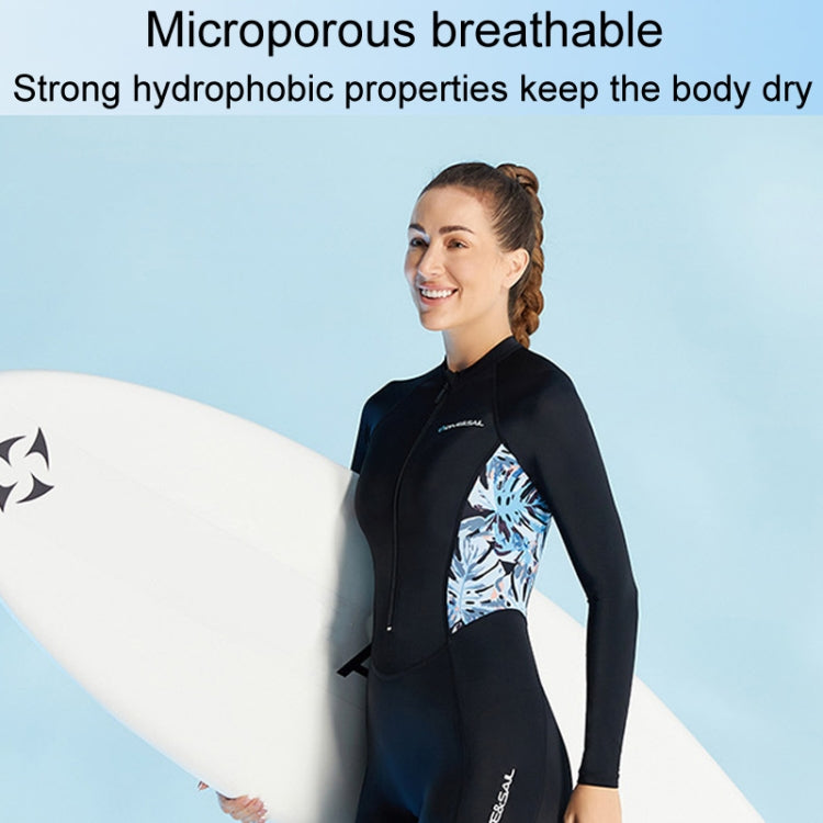 Womens long-sleeve wetsuit with blue color and printed chest panel