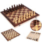 Top view of a wooden foldable chessboard with light and dark chess pieces on squares