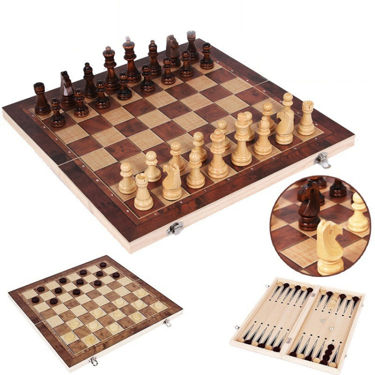 Top view of a wooden foldable chessboard with light and dark chess pieces on squares