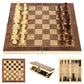 3-in-1 wooden game board with chess, checkers, and backgammon pieces and compartments