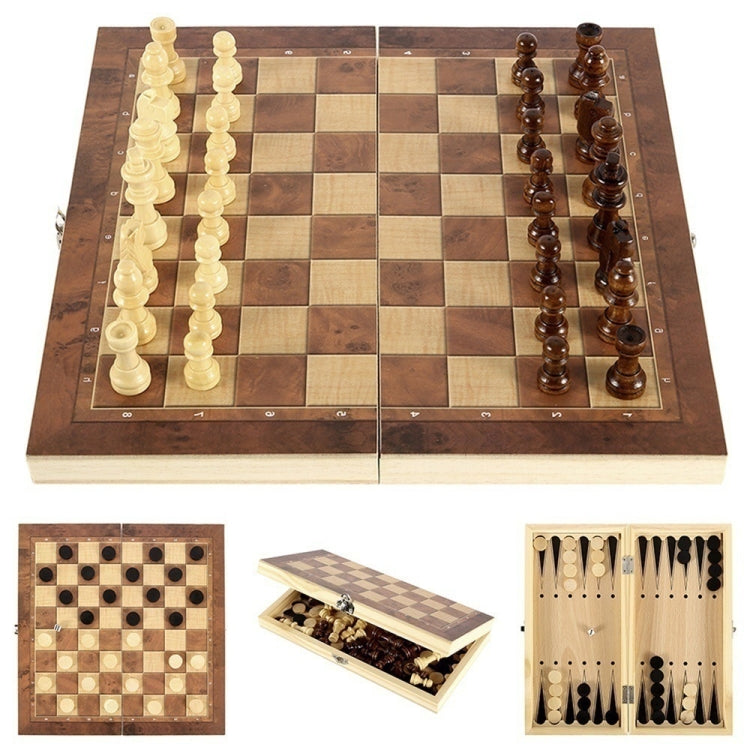 3-in-1 wooden game board with chess, checkers, and backgammon pieces and compartments