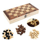 Folded wooden board case with chessboard top and separate light and dark game pieces