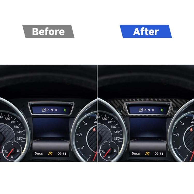 Dashboard instrument panel with carbon-fiber sticker overlay, before and after view