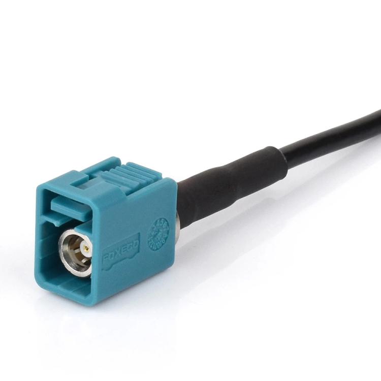 Blue Fakra Z-coded dual female coaxial connector on black cable