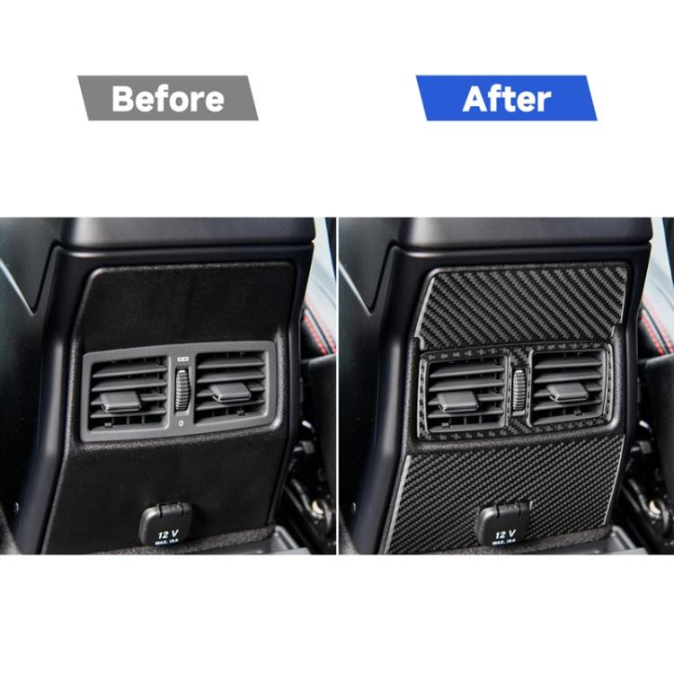 Installed black carbon-fiber rear central air vent trim sticker set