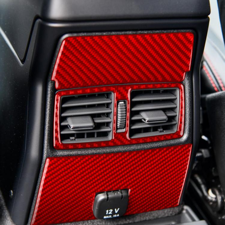Installed red carbon-fiber rear central air vent trim sticker set