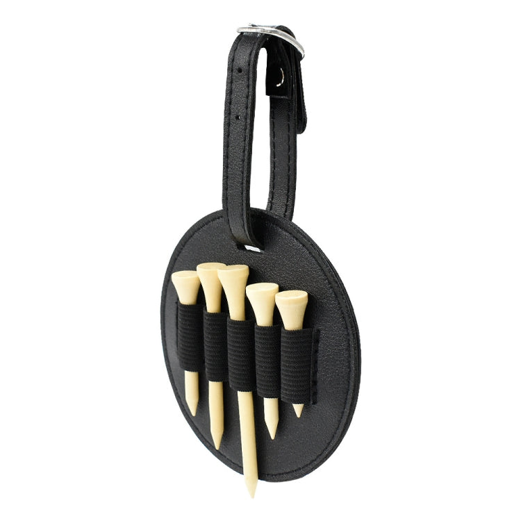 Black leather oval waist-hanging spike insert storage bag with elastic slots and belt strap.