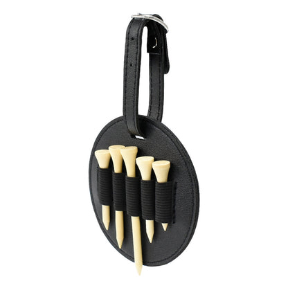 Black leather oval waist-hanging spike insert storage bag with elastic slots and belt strap.
