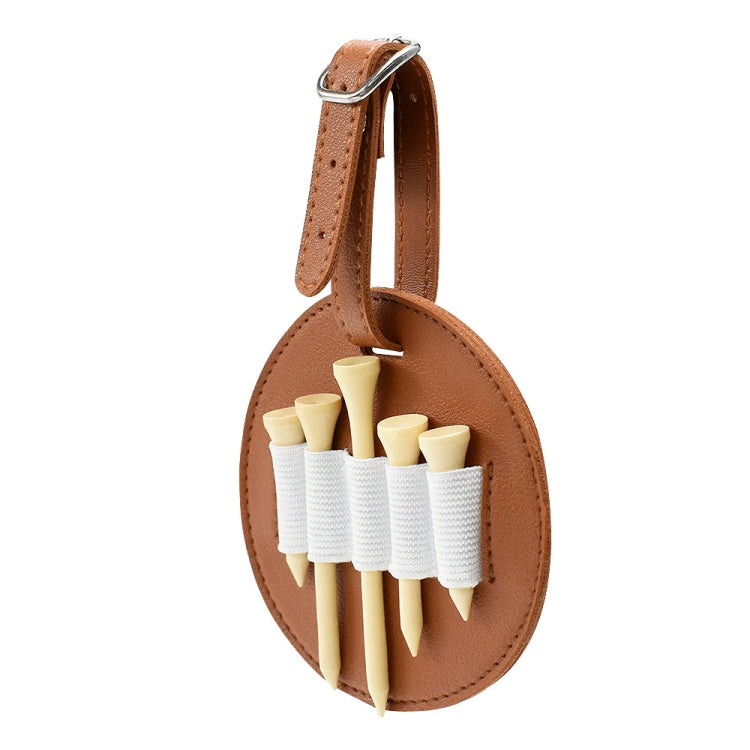 Brown leather oval waist-hanging spike insert storage bag with elastic slots and belt strap.