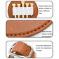 Brown leather spike insert pouch detail with elastic band and metal buckle attachment.