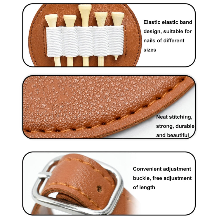 Brown leather spike insert pouch detail with elastic band and metal buckle attachment.
