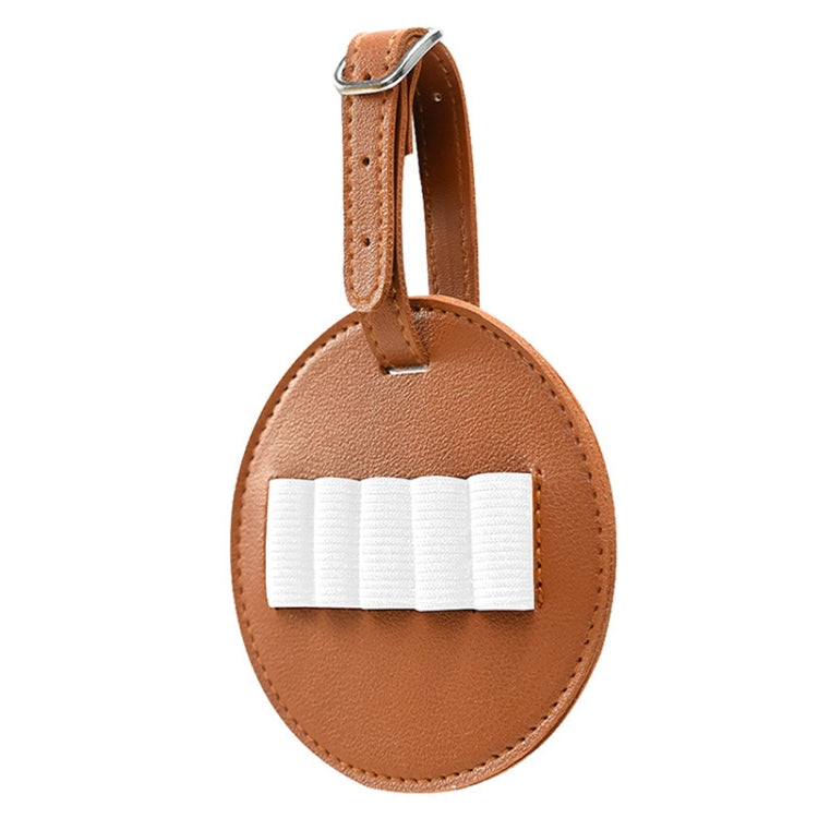 Brown leather oval spike insert storage bag with white elastic band and hanging strap.