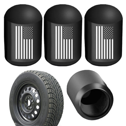 Set of black tire valve dust caps, aluminum, with vent-like stripe and dot accents