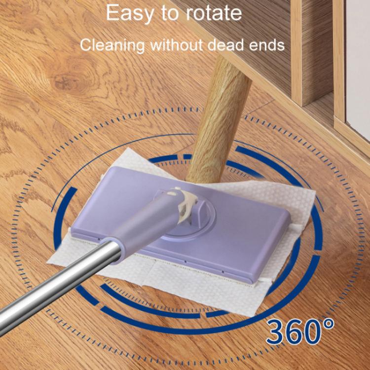 Automatic paper mop head with white pad cleaning in a circular motion on wood