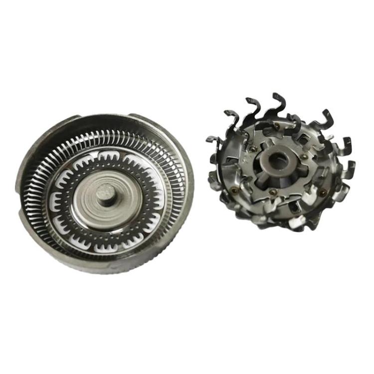 Replacement rotary shaver head: dark foil cutter with central pin and drive gear