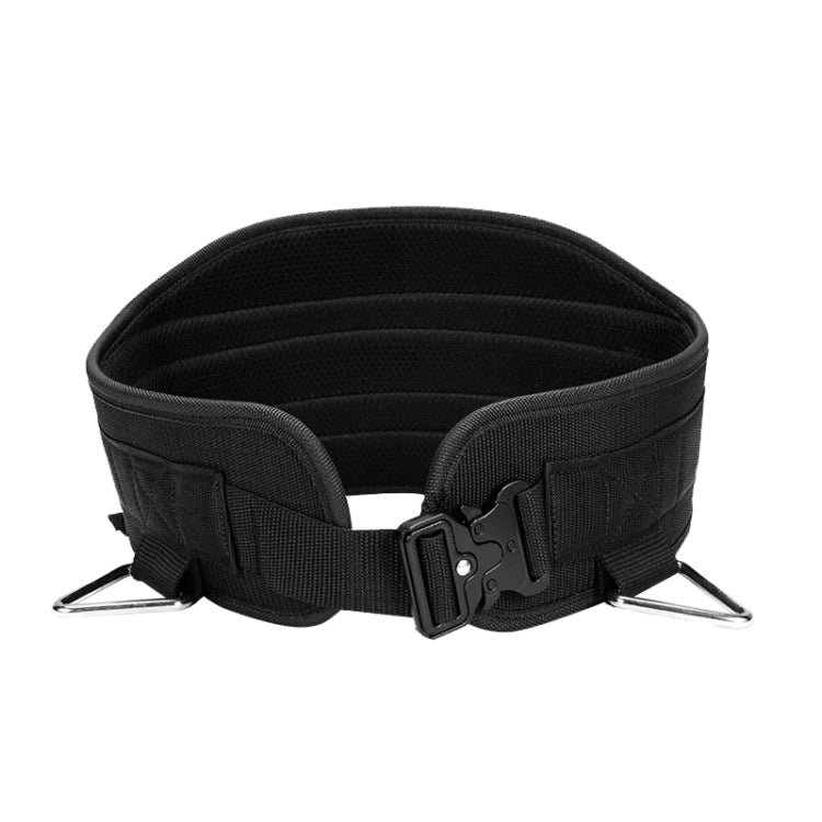 Black waist training belt with central buckle and two metal anchor rings