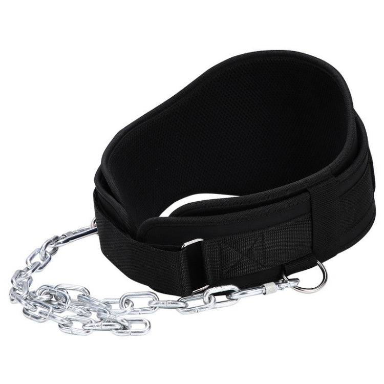 Black weighted belt with steel chain and hook clips for attaching resistance weight