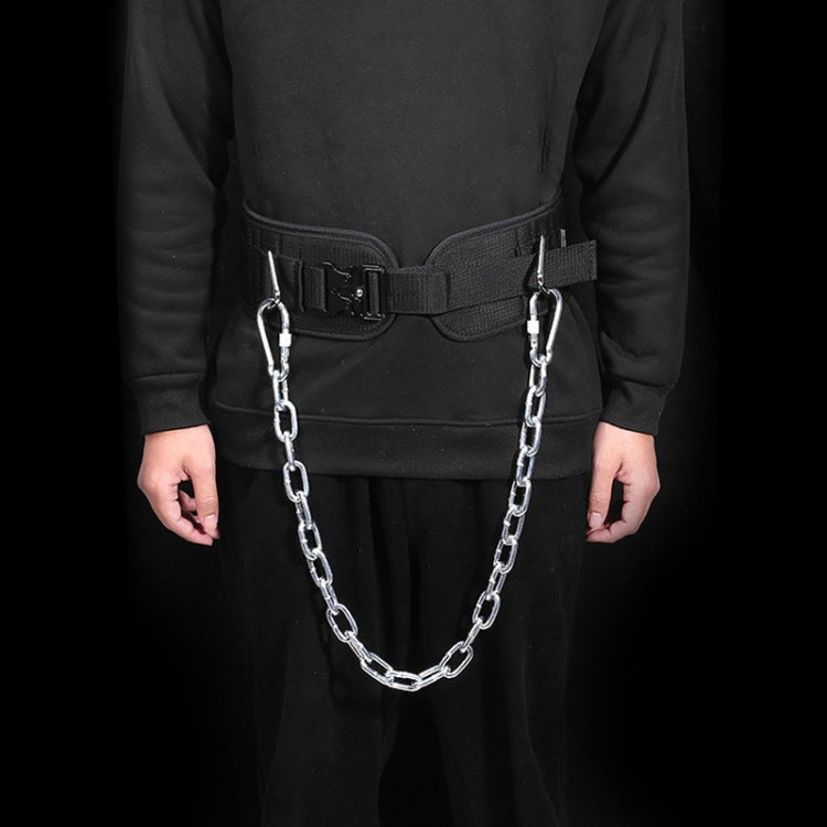 Black pull-up weighted belt with two metal chain links and front buckle