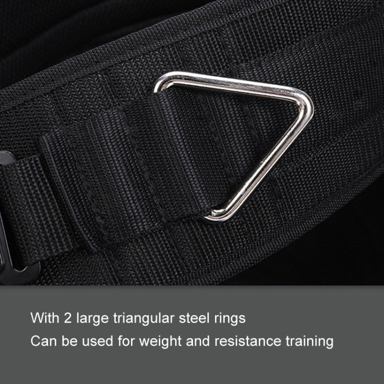 Black weighted belt with triangular steel rings and metal attachment connector